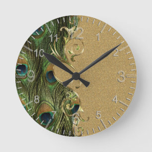 Peacock Golden Swirling Ornament Template Rund Klocka