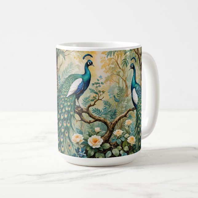 Peacock Golden Teal Blommigt Jungle Kaffemugg (Framsida höger)