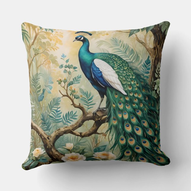 Peacock Golden Teal Blommigt Jungle Kudde (Baksida)