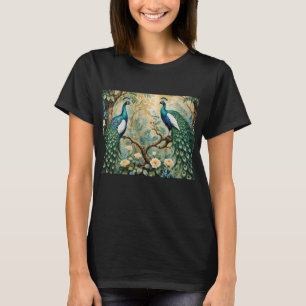 Peacock Golden Teal Blommigt Jungle T Shirt