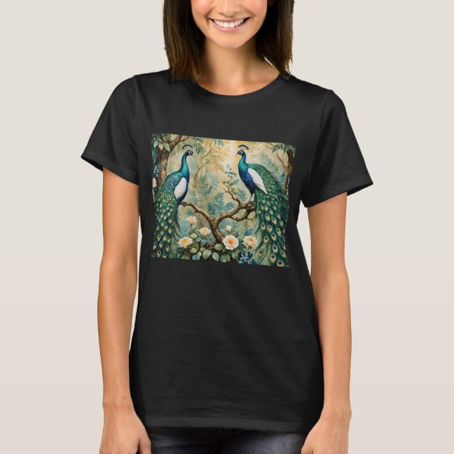 Peacock Golden Teal Blommigt Jungle T Shirt (Framsida)