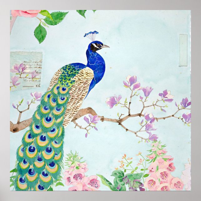 Peacock Graphic | Blue And Yellow Peacocks Poster (Framsidan)
