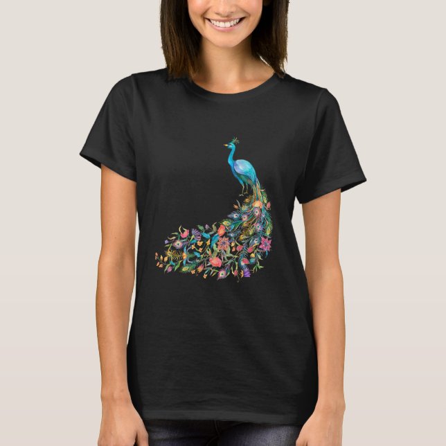 Peacock Graphic Blue Teal Floral Tail Feathers Bir T Shirt (Framsida)