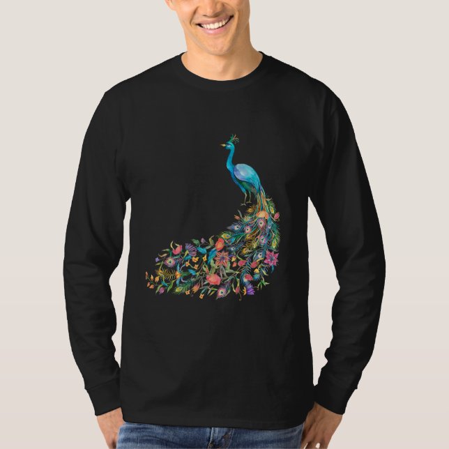 Peacock Graphic Blue Teal Floral Tail Feathers Bir T Shirt (Framsida)