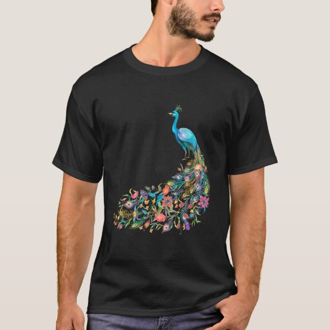 Peacock Graphic Blue Teal Floral Tail Feathers Bir T Shirt (Framsida)