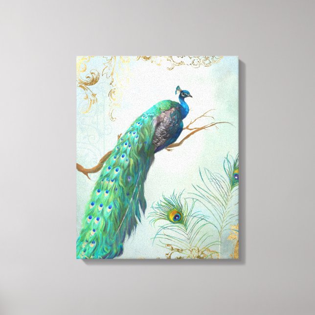 Peacock Gren Fullt Svan Feathers Guld Löv utseende Canvastryck (Framsida)