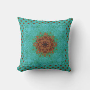 Peacock Grönt och Rust Graphic Blommigt Mandala Kudde