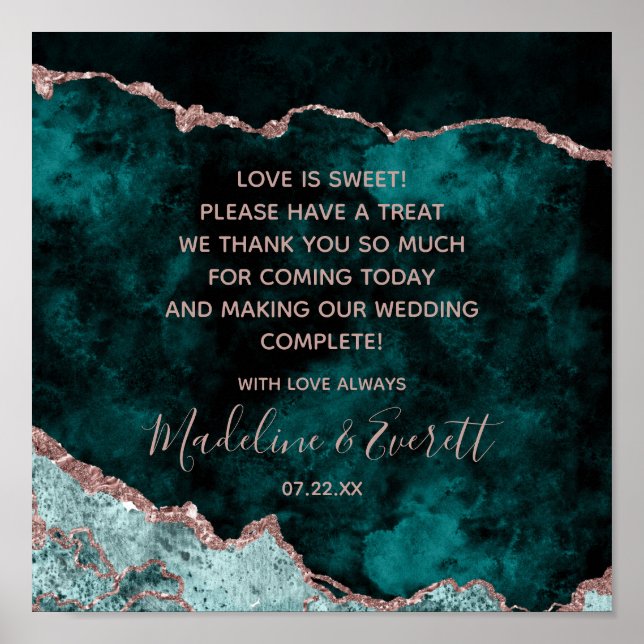 Peacock Grönt & Ro Guld Kärlek är Sweet Bord Sign Poster (Framsidan)