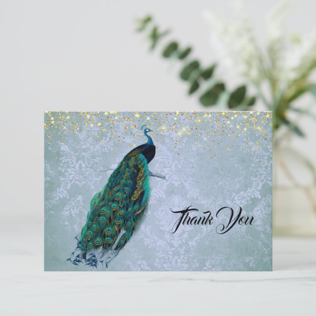 Peacock Guld Sparkles Watercolor Tack Kort (Stående Fram)