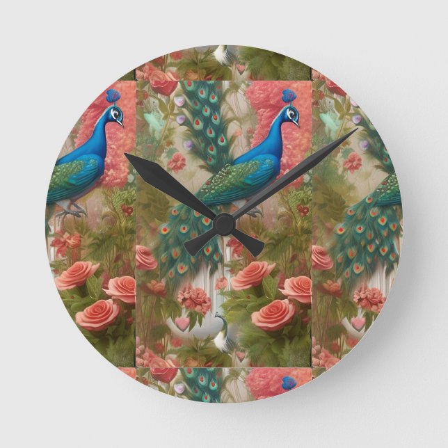 Peacock i Apricot Ro Garden Rund Klocka (Framsida)