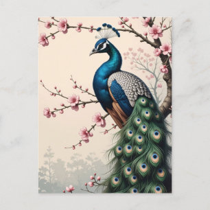 Peacock i en körsbärszon Blommar Träd Vykort