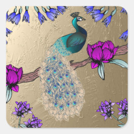 Peacock i Guld Fyrkantigt Klistermärke