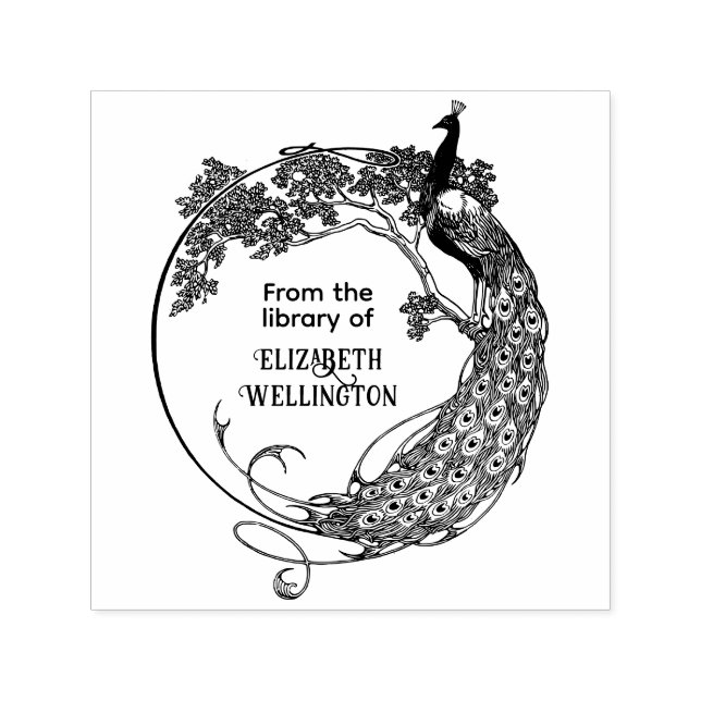 Peacock i Rnd Ram Art nouveau Bibliotek Bok Namn i Självfärgande Stämpel (Design)