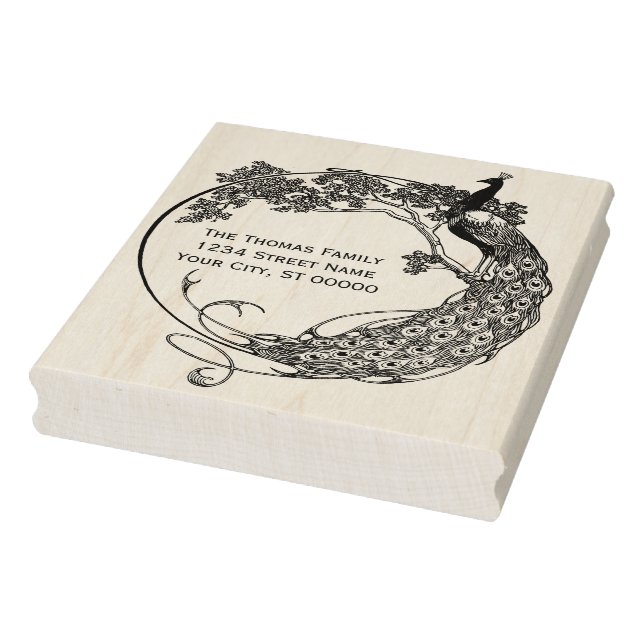 Peacock i runda Ram Art nouveau Namn Adress Stämpel (Stämpel)