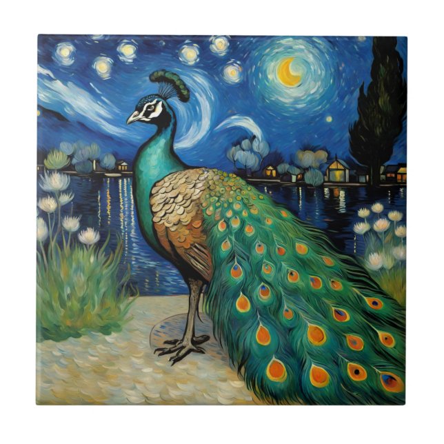 Peacock i Starry Natt av Van Gogh Kakelplatta (Framsidan)