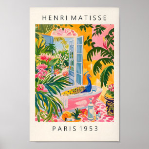 Peacock in Bathtub Art Print, Rosa Maximalist Deco Poster