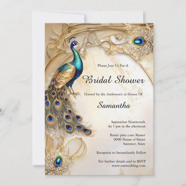 Peacock iridiscent-fjädrar vintage art nouveau inbjudningar (Framsida)