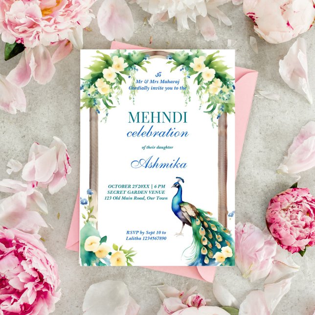 Peacock jasmine arch Indian bröllop mehndi Inbjudningar (Peacock jasmine garden arch Indian wedding mehndi template invitation instant digital download)