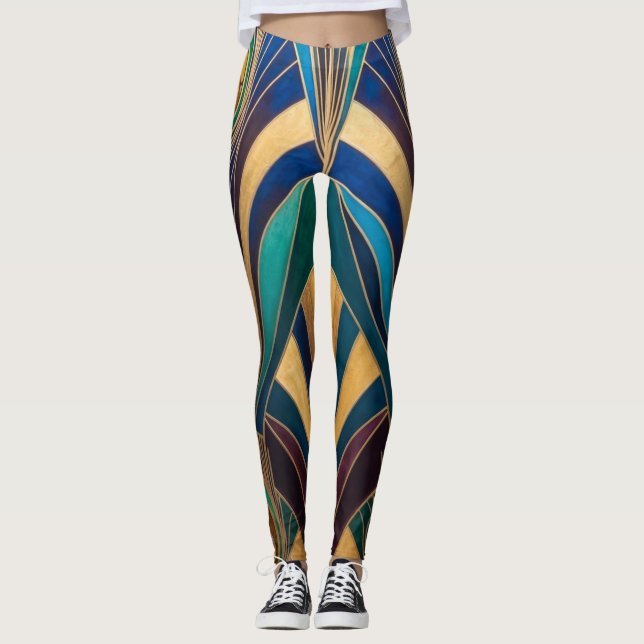 Peacock Jewel Tone Art Deco Feather Leggings (Framsida)