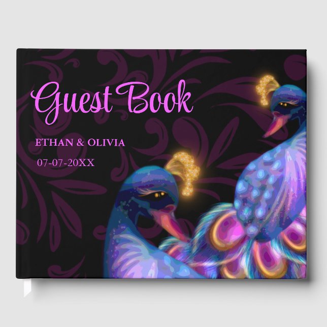 Peacock Jewel Tones Bröllop Blommigt Moody lila Gästböcker (Framsida)