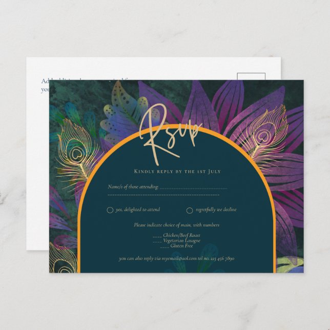 Peacock Jewel Tones Grönt Blue Bröllop Vykort (Fram/baksida)