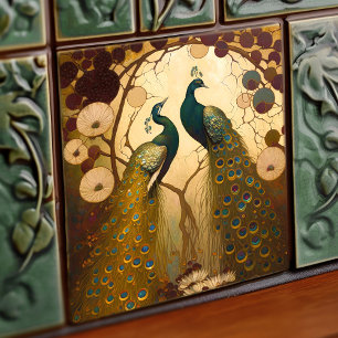 Peacock Klimt Guld Grönt Wall Decor Art nouveau Kakelplatta
