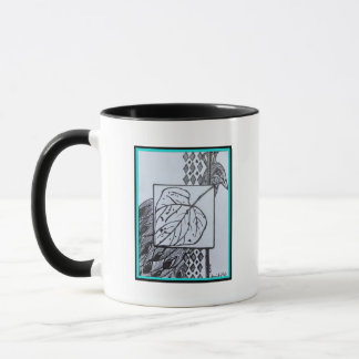 Peacock & Leaf Blk & Whit Ink Turquoise Border Mugg