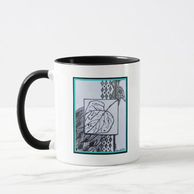 Peacock & Leaf Blk & Whit Ink Turquoise Border. Mugg (Vänster)