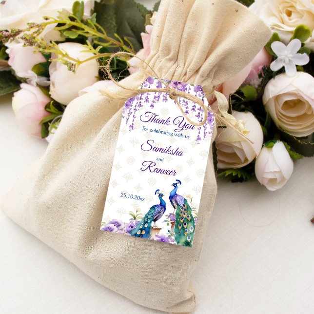 Peacock lila blommor Mehndi indisk bröllopsförmån Presentetikett (Peacock purple flowers Mehndi Indian wedding favor Gift Tags watercolor peacocks wisteria flowers)