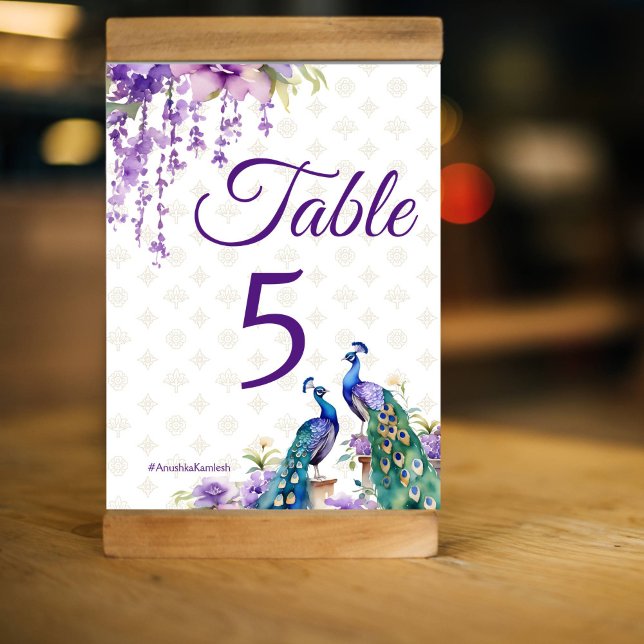 Peacock lila Indian bröllop Bordsnummer (Peacock purple wisteria  flowers Indian wedding Table Number card )