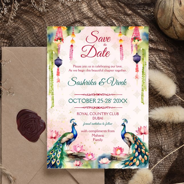 Peacock lotus Indian bröllop spara datum Inbjudningar (Peacocks lotus garden Indian wedding save the date editable template invitation digital download)