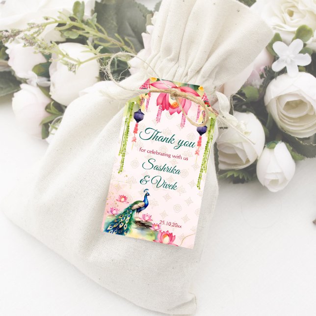Peacock lotus Indian bröllop tack för att du ville Presentetikett (Peacock lotus Indian wedding thank you favor Gift Tags pink lotus and peacock themed wedding favor)