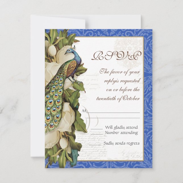 Peacock Magnolia Blommigt Swirl Damask Wedding OSA Kort (Framsida)