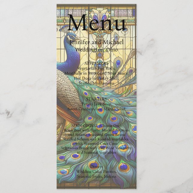 Peacock Maximalist Finare Luxury Bröllop Menu Meny (Framsida)