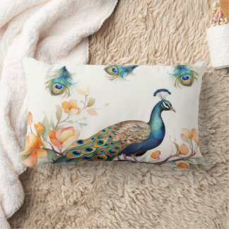 Peacock med fallande fjädrar och Orange Flowers Lumbarkudde