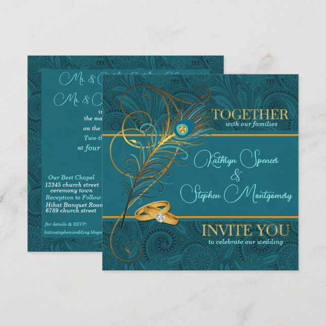 Peacock med Guld-accenter Teal Bröllop Inbjudningar (Fram/baksida)