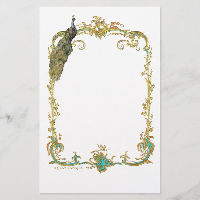 Peacock med Guld Ram Ornate Stationery Brevpapper (Framsida)