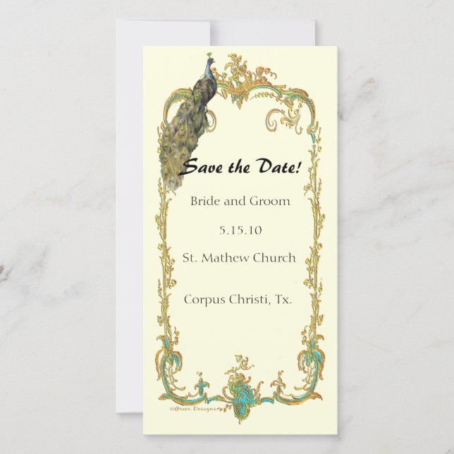 Peacock med Guld Ram "Save the Date Card" (Spara d Spara Datumet (Framsida)