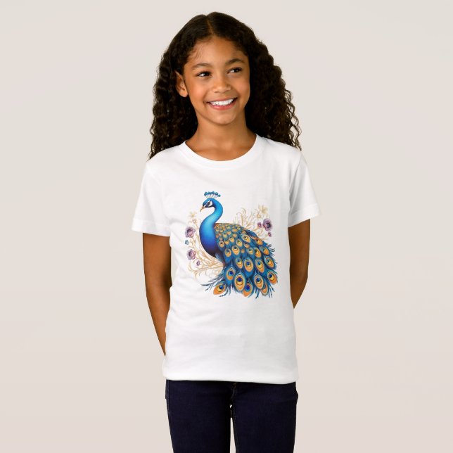 Peacock med Lila blommor T Shirt (Hel framsida)