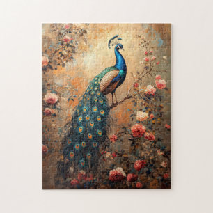 Peacock med målning av Rosa ros Pussel