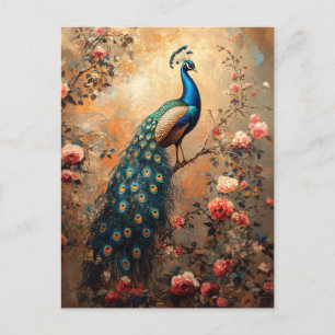Peacock med målning av  Rosa ros Vykort
