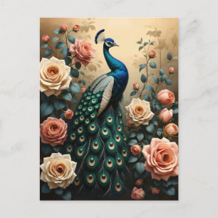 Peacock med persikor och Rosa ros Vykort