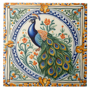 Peacock Mediterranean Gult & Blue Folk Blommigt Kakelplatta