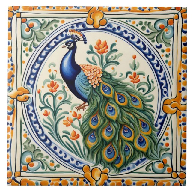 Peacock Mediterranean Gult & Blue Folk Blommigt Kakelplatta (Framsidan)