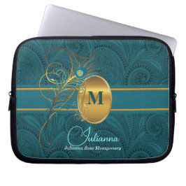 Peacock Monogrammed Elegant Teal Paisley och Guld Laptop Sleeve