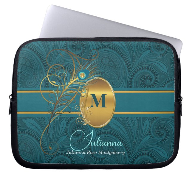 Peacock Monogrammed Elegant Teal Paisley och Guld Laptop Sleeve (Framsidan)