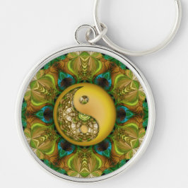 Peacock Mönster Yin Yang Mandala Keychain Rund Silverfärgad Nyckelring