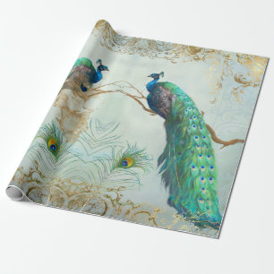 Peacock n Feathers Pair Blue Guld Decoupage Presentpapper