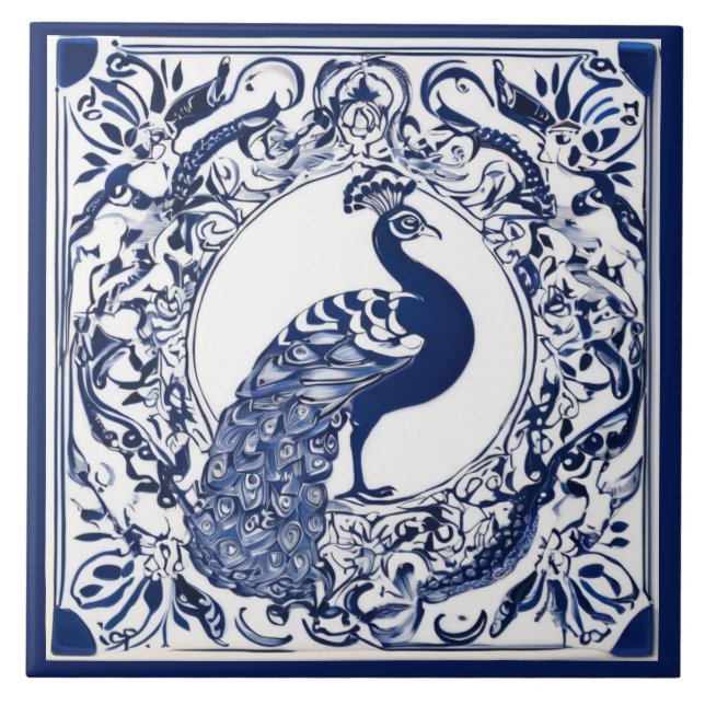 Peacock Navy Mörk blått and White Folk Animal Art Kakelplatta (Framsidan)