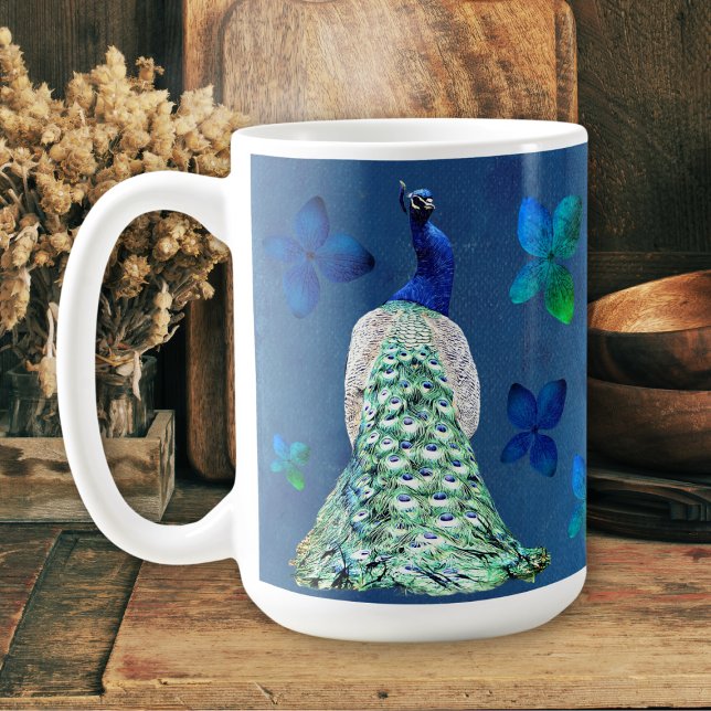 Peacock och Blåa blommor med inspirerande Dikt Kaffemugg (Skapare uppladdad)